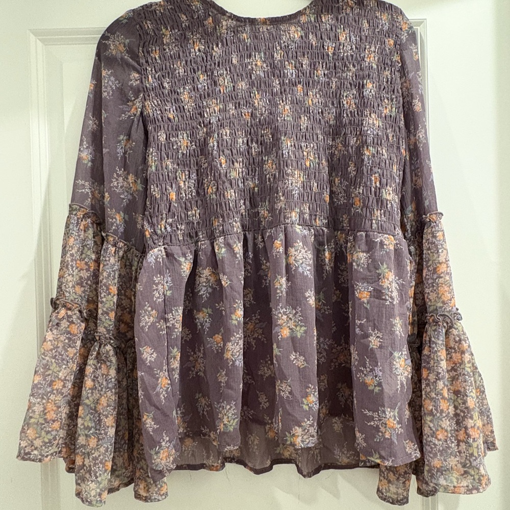 American Eagle Floral Smocked Purple Women's Sheer Top (Size S)